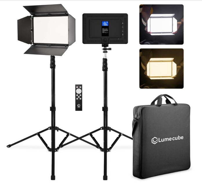 Kit d'éclairage à 2 points Lume Cube Studio Panel | Panneaux lumineux LED bicolores à éclairage périphérique 3200k - 5600k | Batterie au lithium rechargeable, couleur réglable, luminosité, supports de 70 pouces, télécommande sans fil incluse