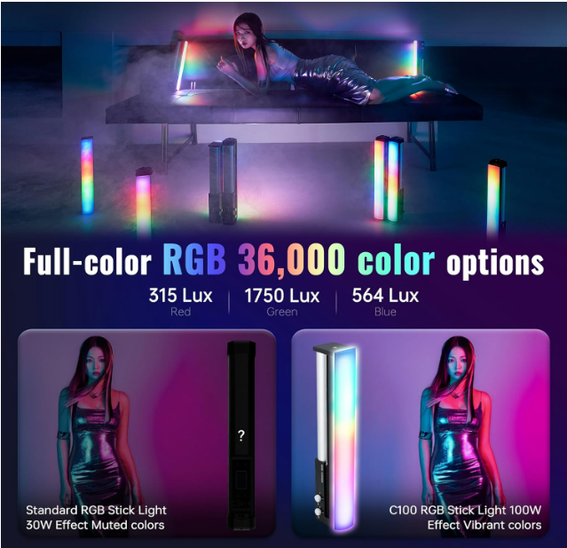 ZHIYUN CINEPEER C100 100W RGB Stick Light [Officiel] LED APP Control Video Light Wand Portable 2700K-6500K CRI 95+ TLCI 98+ Éclairage de sortie continu pour 6 * 4500 mAh Photographie 14.3" Tube Light COMBO