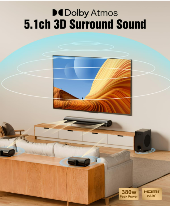 Barre de son Hiwill 5.1CH Dolby Atmos pour Smart TV, puissance de crête de 380 W, 2 haut-parleurs arrière filaires, système de son surround home cinéma, barre de son TV avec caisson de basses, HDMI eARC/ARC/Opt/BT, HiElite A51