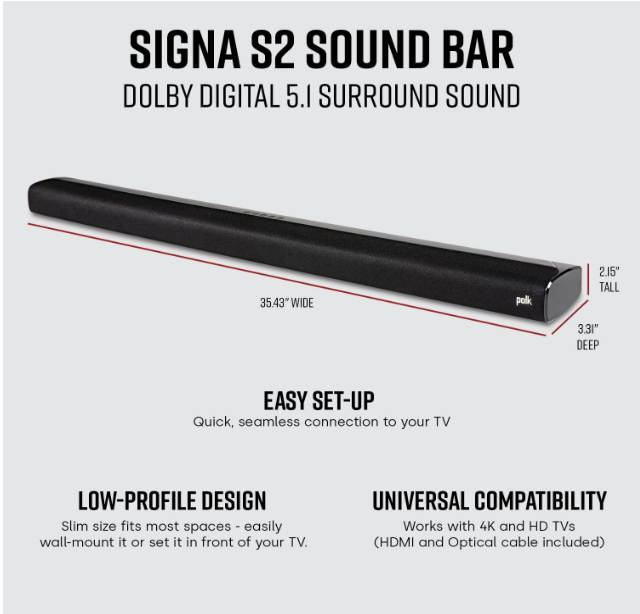 Barre de son et caisson de basses sans fil Polk Audio Signa S2 – Technologie exclusive VoiceAdjust, design ultra-mince, fonctionne avec les téléviseurs 4K et HD, HDMI et optique, Bluetooth, streaming sans fil