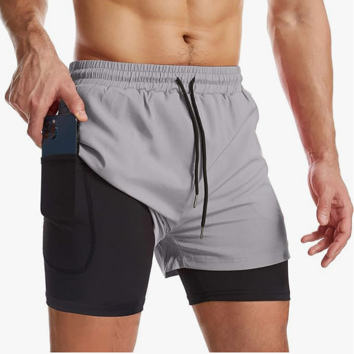 Short de course 2 en 1 pour homme Surenow Short de sport à séchage rapide avec doublure, short d'entraînement avec poches zippées et boucle pour serviette