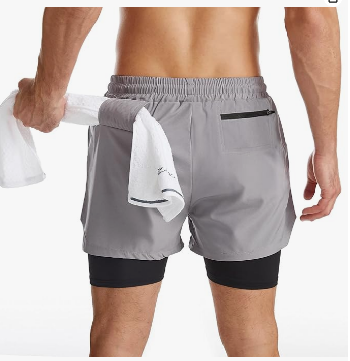 Short de course 2 en 1 pour homme Surenow Short de sport à séchage rapide avec doublure, short d'entraînement avec poches zippées et boucle pour serviette