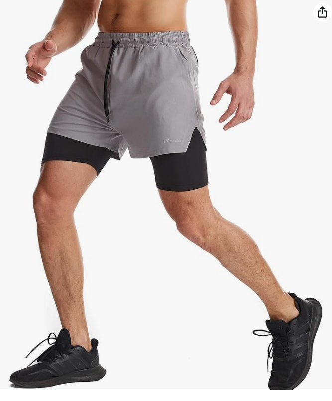Short de course 2 en 1 pour homme Surenow Short de sport à séchage rapide avec doublure, short d'entraînement avec poches zippées et boucle pour serviette