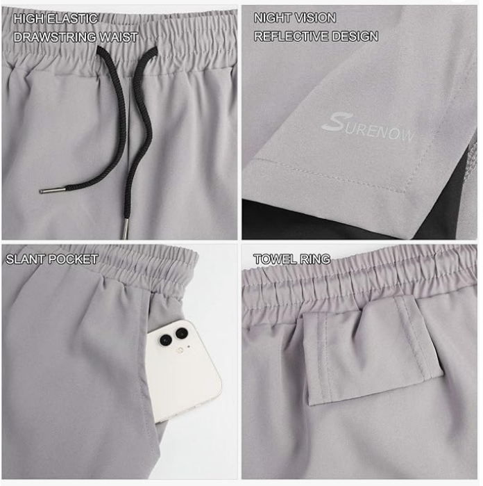 Short de course 2 en 1 pour homme Surenow Short de sport à séchage rapide avec doublure, short d'entraînement avec poches zippées et boucle pour serviette