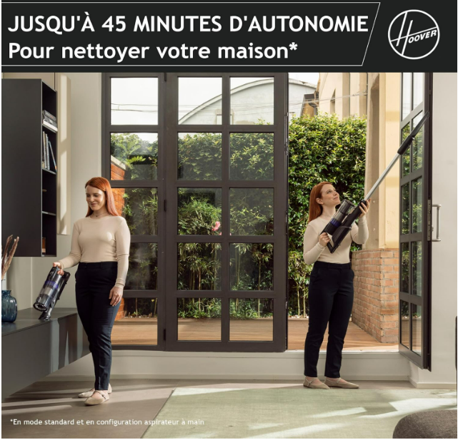 Hoover HF1 Plus Aspirateur Balai sans Fil HF1PZ10H, Léger & Puissant avec Turbo Mode, Brosse Anti-Twist Multi-sols Eclairage LED, Autonomie 45 Min. Batterie Amovible, Position Quick Park & Go