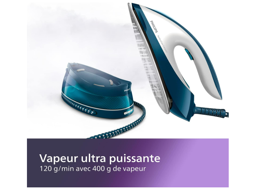 Philips PerfectCare Compact Plus Centrale Vapeur - 2400W, 400g, Pression de 6.5 bars, Technologie OptimalTEMP, Réservoir de 1.5 L, Bleu/Blanc (GC7844/20)