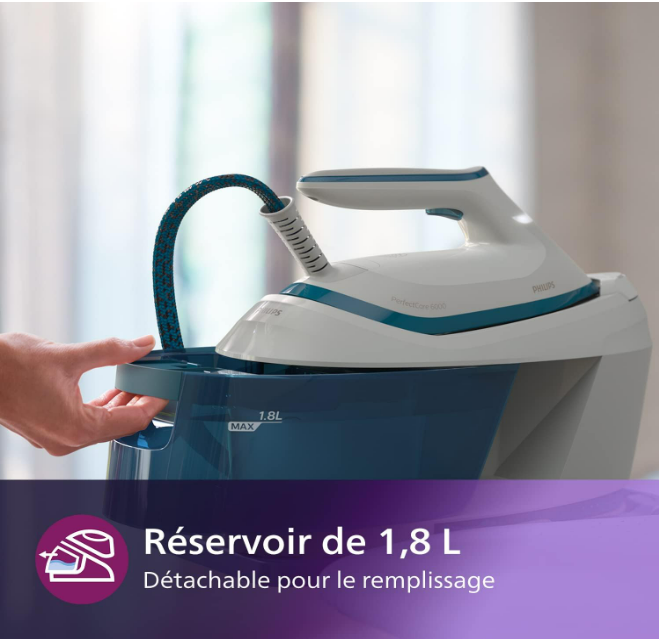Philips PerfectCare 6000 Series Générateur De Vapeur - 2400 W, Effet Pressing jusqu'à 500 g, Pression De 6,5 bars, Technologie OptimalTEMP, Réservoir De 1,8 l, Blanc/Bleu (PSG6022/20)