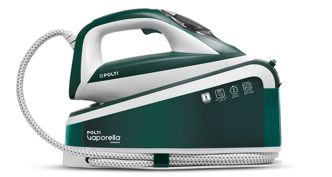 Polti Vaporella Express VE30.20, Fer à Repasser Générateur de Vapeur avec Fonction Eco, Pression de la Pompe 8 Bar Max, Réservoir XL 1.6 L, Réglage Numérique, Vert et Blanc