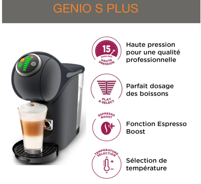 Nescafé Dolce Gusto Krups Machine à café capsules, Cafetière multi boissons, Pression 15 bars, Capacité 0,8 L, Fonction XL, Arrêt automatique, Genio S Plus gris KP340B10