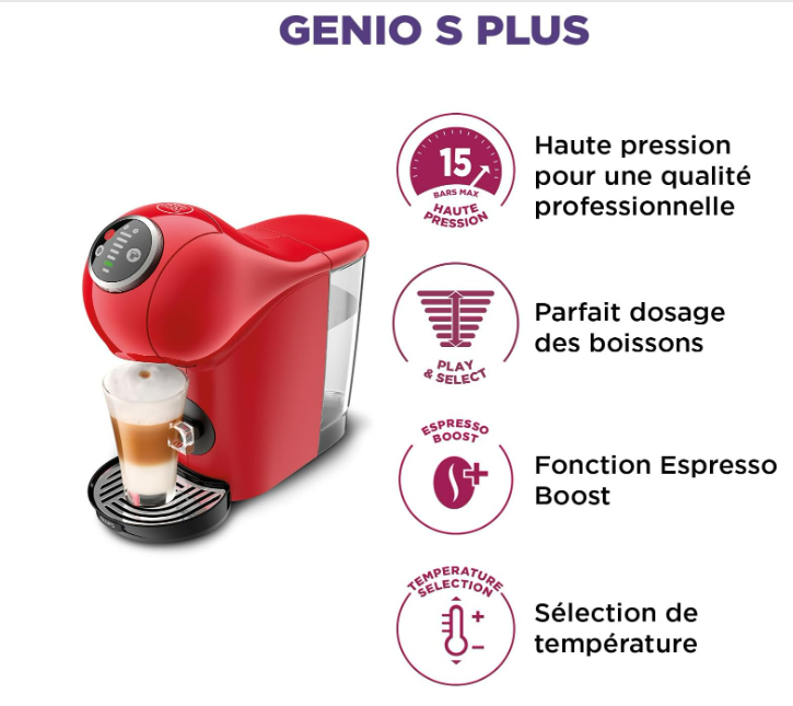 Krups Nescafé Dolce Gusto Machine à café capsules, Cafetière multi-boissons, Haute pression, 15 bars, Programmable, Arrêt automatique, Compact, Genio S Plus, Rouge KP340510