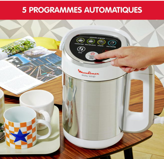 Moulinex Blender chauffant, 1000 W, Capacité 1.2 L, 5 programmes automatiques, Double paroi, Soupe, Velouté, Compote, Smoothie, Maintien au Chaud, Easy Soup silver LM841110