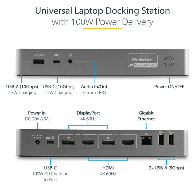 StarTech.com Station d'Accueil Universelle pour Ordinateur Portable, Station d'Accueil Hybride USB-C & USB-A, Dual 4K DP & HDMI, 100W PD, Mac / Windows / Chrome OS, 4x USB 5Gbps Hub, GbE