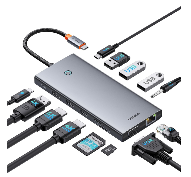 【Puce Optimisée】 Baseus Docking Station USB C, 13-in-1 Hub, 2 HDMI 4K@60Hz, DisplayPort, VGA, USB 3.1 10Gbps, PD100W, Ethernet pour Ordinateur Portable