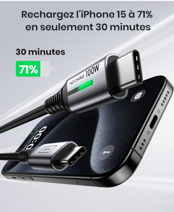 INIU Câble USB C, 2m 100W PD 5A Cable USB C Charge Rapide QC 4.0 Chargeur Type C Nylon Tressé pour iPhone 16 15 Samsung S23 Ultra iPad Air MacBook Pro Google Pixel 7 Xiaomi Switch PS5 Tablet S8 ECC.