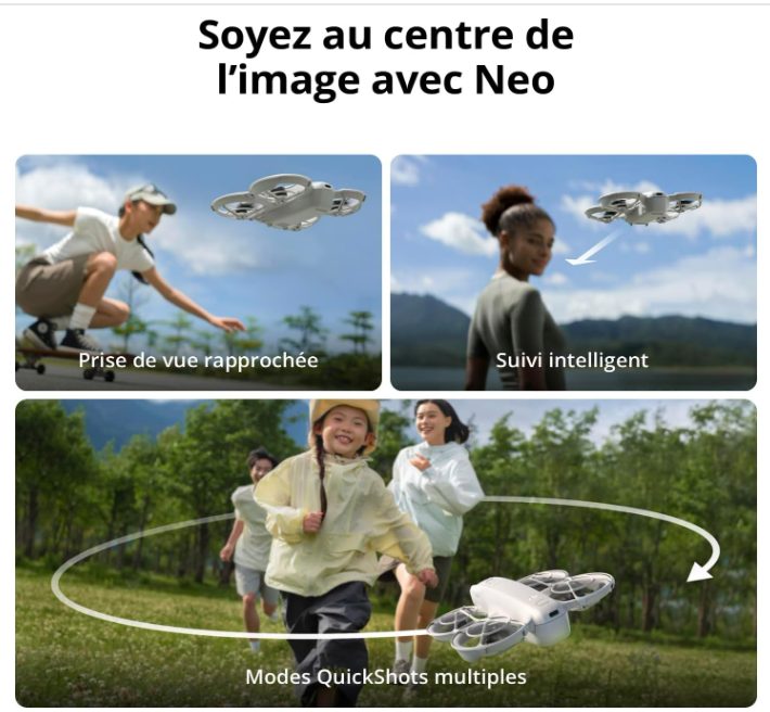DJI Neo, Mini Drone avec Caméra 4K Ultra-HD pour Adultes, Drone Suiveur qui Vole Seul de 135 g, Décollage de la Main, Suivi de Sujet par IA, QuickShots, Vidéo Stabilisée, (sans Contrôleur)