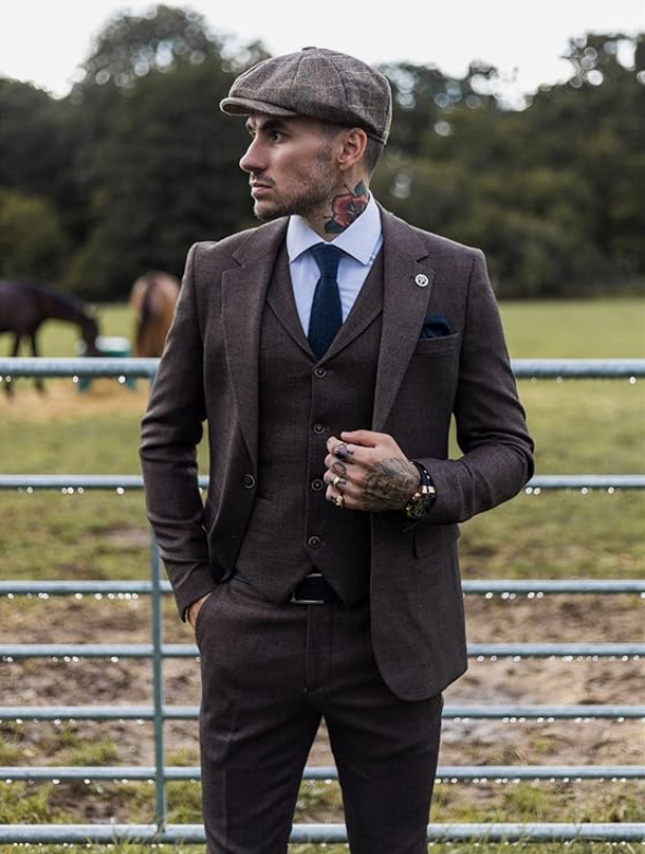 Costume Homme en Tweed à Chevrons 3 Pièces Style Classique Vintage Coupe Ajustée | Marron