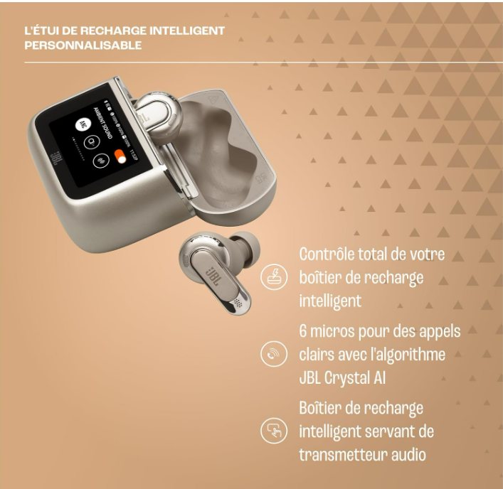 JBL Tour Pro 3, Écouteurs sans Fil, étui Intelligent de Recharge, 40h d'autonomie, avec Réduction de Bruit Adaptative, Bluetooth, Son Spatial 360, Marron