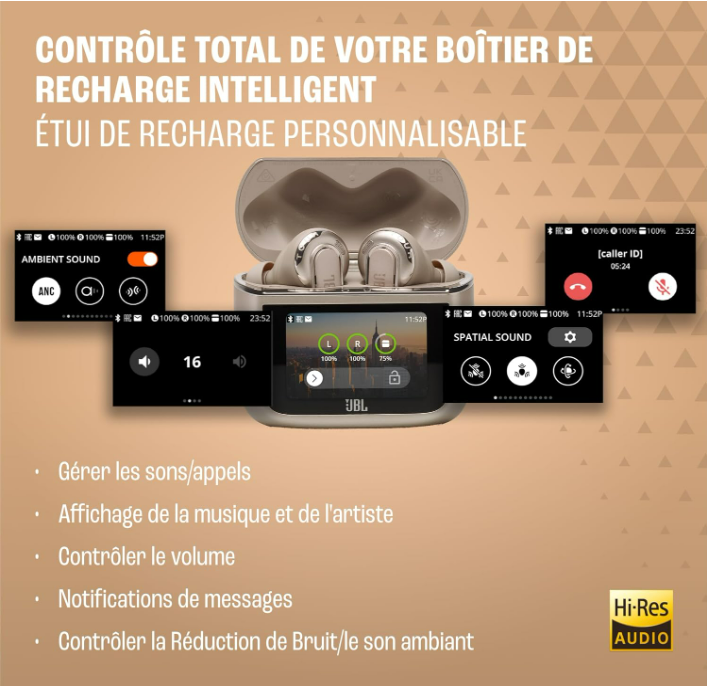 JBL Tour Pro 3, Écouteurs sans Fil, étui Intelligent de Recharge, 40h d'autonomie, avec Réduction de Bruit Adaptative, Bluetooth, Son Spatial 360, Marron
