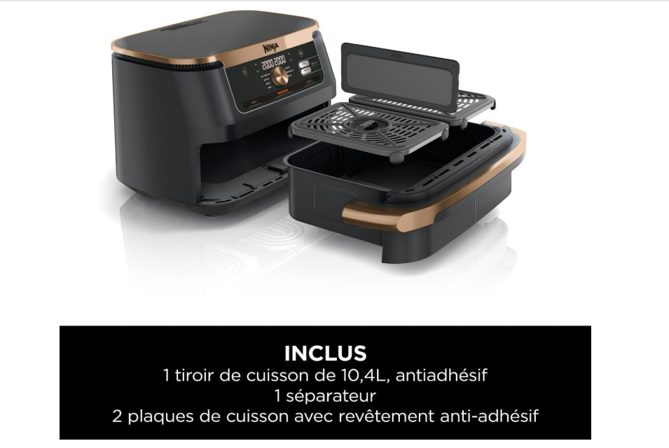 NINJA Foodi FlexDrawer Air Fryer, Dual Zone Avec Séparateur Amovible, Grand Tiroir de 10.4 L, 7-en-1, Double Zone, Pièces Antiadhésives Compatibles Au Lave-Vaisselle, Noir & Cuivre, AF500EUCP
