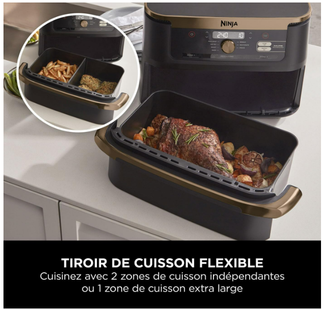 NINJA Foodi FlexDrawer Air Fryer, Dual Zone Avec Séparateur Amovible, Grand Tiroir de 10.4 L, 7-en-1, Double Zone, Pièces Antiadhésives Compatibles Au Lave-Vaisselle, Noir & Cuivre, AF500EUCP