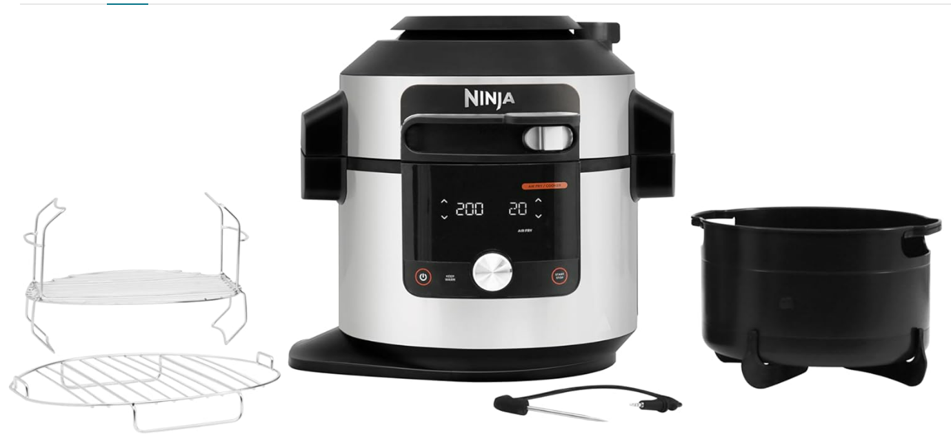 Multicuiseur Ninja Foodi MAX Air Fryer, Smart Lid, 14 fonctions de cuisson en 1, 7.5L, Cuisson sous pression, Friture à l'air, Cuisson lente, Grill et plus, sonde numérique, Acier inoxydable, OL750EU