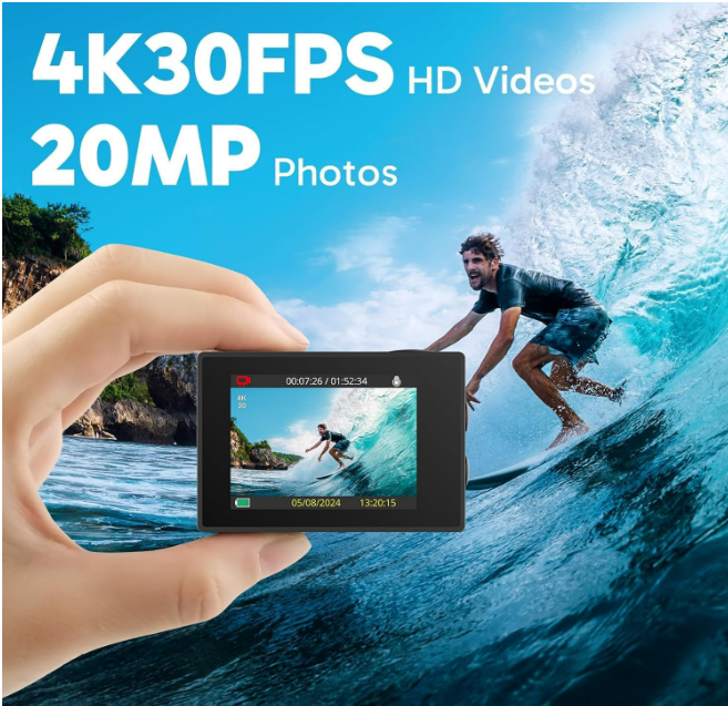 Caméra Sport 4K 30fps 20MP WiFi - Camera 4k Étanche jusqu'à 30M avec Stabilisation, Grand Angle de 170° - Télécommande 2.4G - Qualité d'image Ultra HD pour Les Passionnés d'Aventure