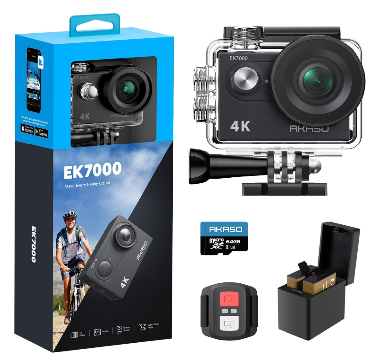 AKASO EK7000 Caméra Sport 4K 30fps 20MP WiFi avec Carte Mémoire microSDXC 64 Go, Action Camera 4k Étanche jusqu'à 30M avec Stabilisation Grand Angle de 170° Télécommande 2.4G
