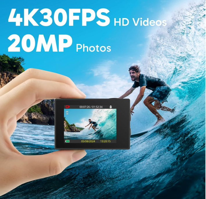 AKASO EK7000 Caméra Sport 4K 30fps 20MP WiFi avec Carte Mémoire microSDXC 64 Go, Action Camera 4k Étanche jusqu'à 30M avec Stabilisation Grand Angle de 170° Télécommande 2.4G