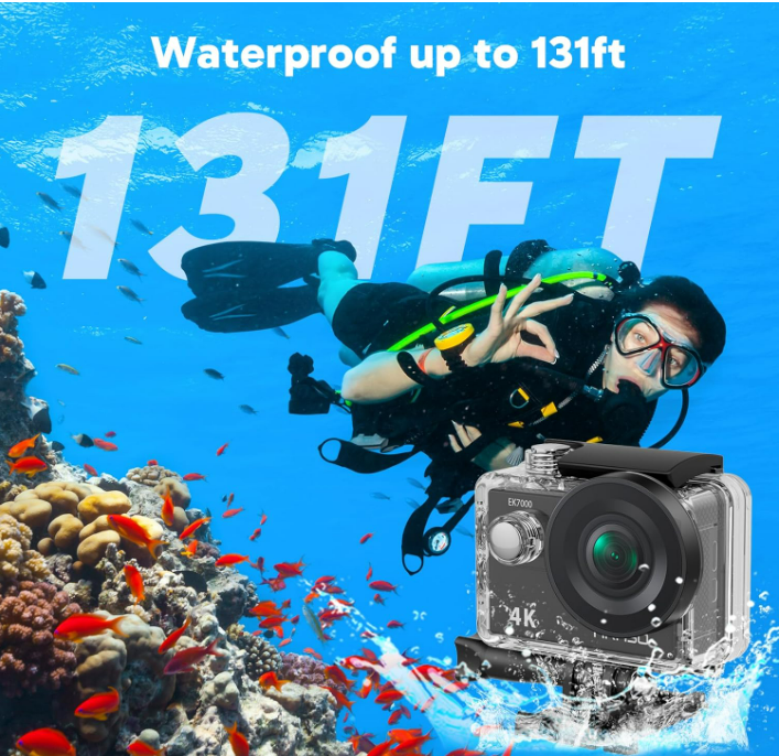 AKASO EK7000 Caméra Sport 4K 30fps 20MP WiFi avec Carte Mémoire microSDXC 64 Go, Action Camera 4k Étanche jusqu'à 30M avec Stabilisation Grand Angle de 170° Télécommande 2.4G