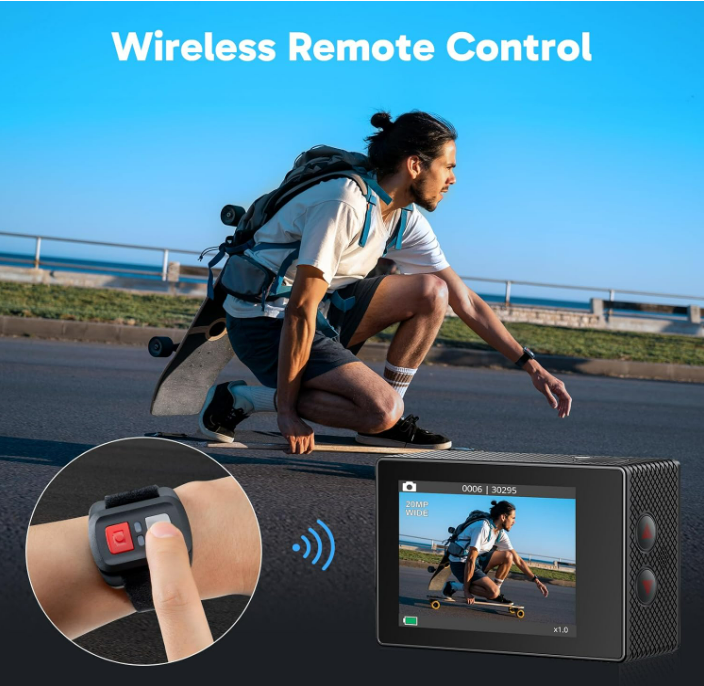 AKASO EK7000 Caméra Sport 4K 30fps 20MP WiFi avec Carte Mémoire microSDXC 64 Go, Action Camera 4k Étanche jusqu'à 30M avec Stabilisation Grand Angle de 170° Télécommande 2.4G