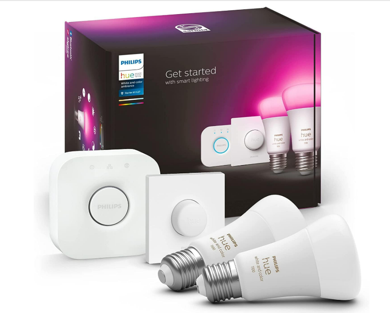 Philips Hue Kit de démarrage White Ambiance : 3 Ampoules LED Intelligentes et connectées E27, Pont de Connexion, Bouton Smart Hue, Compatible Bluetooth, Alexa, Google Assistant, Apple HomeKit
