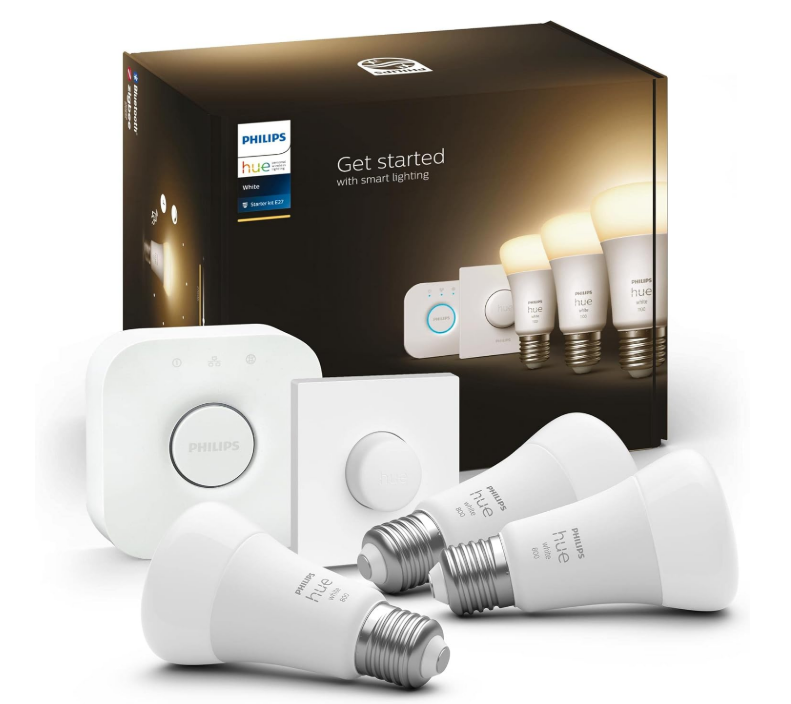 Philips Hue Kit de démarrage White Ambiance : 3 Ampoules LED Intelligentes et connectées E27, Pont de Connexion, Bouton Smart Hue, Compatible Bluetooth, Alexa, Google Assistant, Apple HomeKit