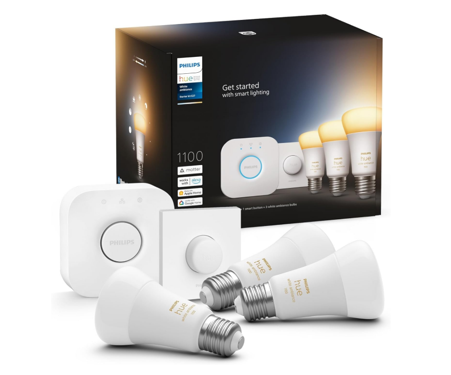 Philips Hue Kit de démarrage White Ambiance : 3 Ampoules LED Intelligentes et connectées E27, Pont de Connexion, Bouton Smart Hue, Compatible Bluetooth, Alexa, Google Assistant, Apple HomeKit
