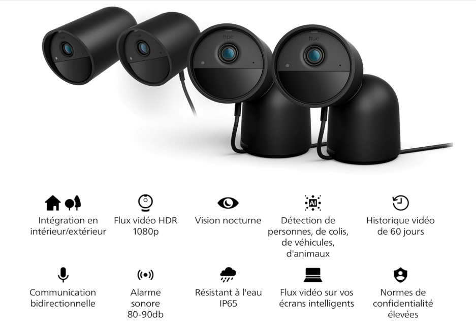 Philips Hue Secure, Caméra HD 1080P sans Fil, Utilisation intérieure ou extérieure, contrôle avec Une Seule Application, Noir