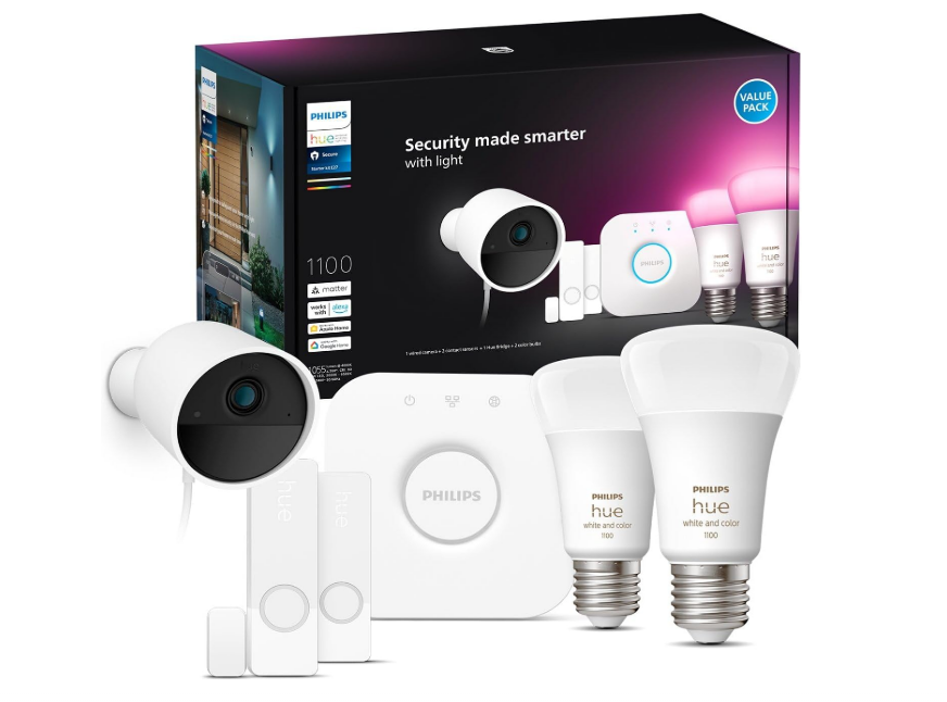 Philips Hue Secure, Kit de Démarrage avec 1 Caméra Filaire Sécurisée Blanche, 2 Capteurs de Contact Sécurisés Blancs, 2 Ampoules Connectées White and Color Ambiance, 1 Pont, Facile à Installer [Classe énergétique F]