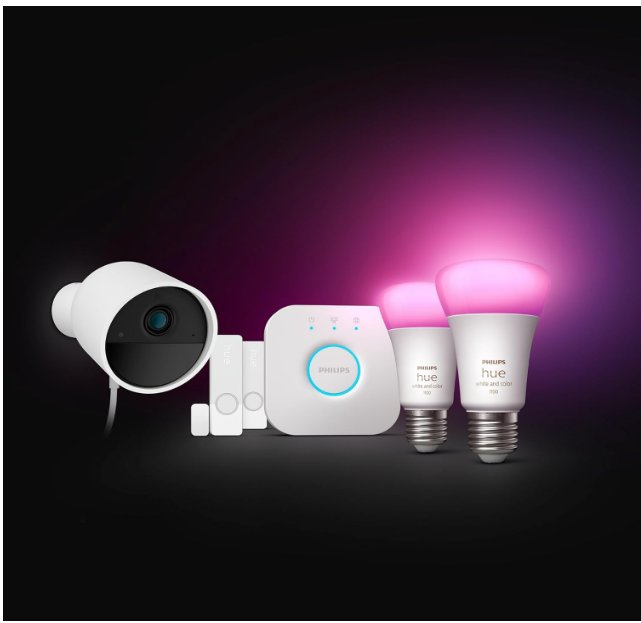 Philips Hue Secure, Kit de Démarrage avec 1 Caméra Filaire Sécurisée Blanche, 2 Capteurs de Contact Sécurisés Blancs, 2 Ampoules Connectées White and Color Ambiance, 1 Pont, Facile à Installer [Classe énergétique F]