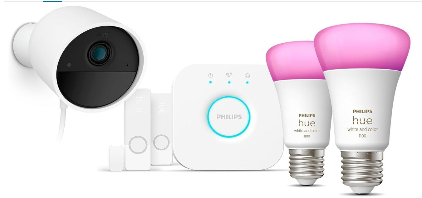 Philips Hue Secure, Kit de Démarrage avec 1 Caméra Filaire Sécurisée Blanche, 2 Capteurs de Contact Sécurisés Blancs, 2 Ampoules Connectées White and Color Ambiance, 1 Pont, Facile à Installer [Classe énergétique F]