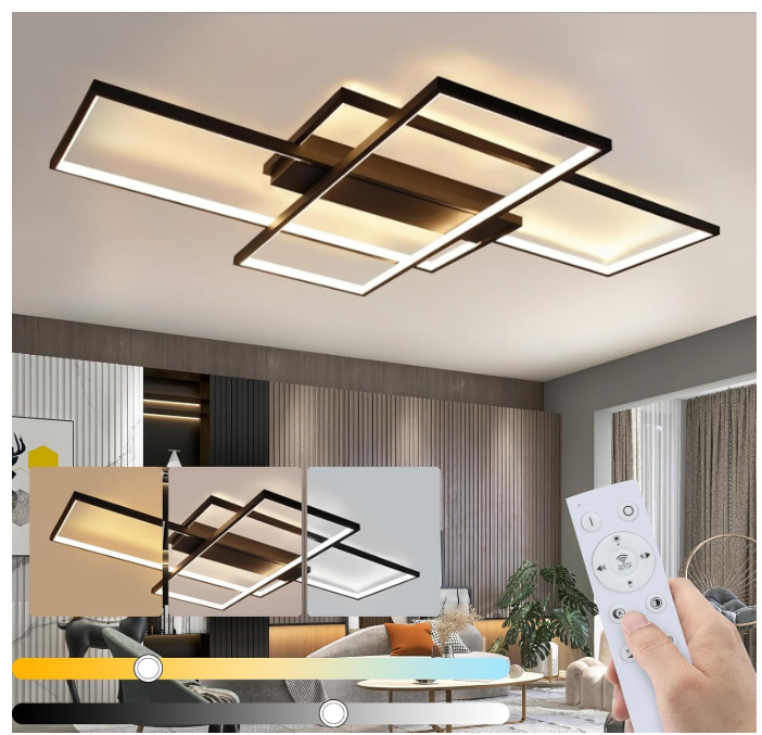 GBLY Plafonnier LED Moderne - Grande Lampe de Salon Noire Dimmable avec Télécommande Lampe de Chambre Géométrique 51W Éclairage de Plafond (100x70x8cm) [Classe énergétique B]