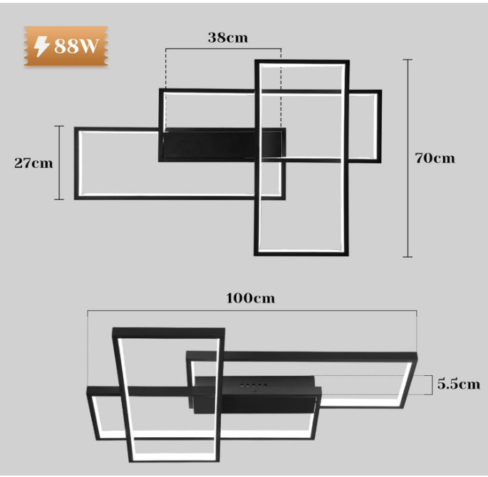 GBLY Plafonnier LED Moderne - Grande Lampe de Salon Noire Dimmable avec Télécommande Lampe de Chambre Géométrique 51W Éclairage de Plafond (100x70x8cm) [Classe énergétique B]