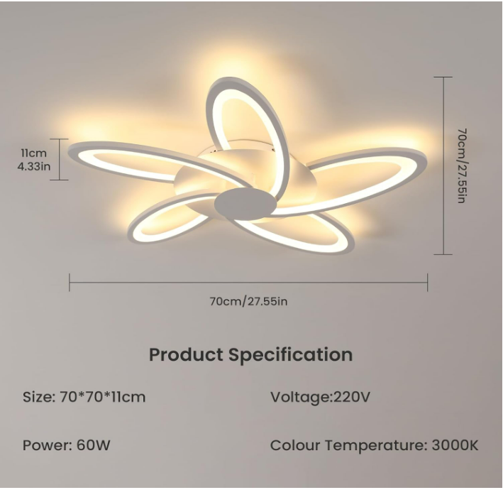 Plafonnier LED 70CM, 60W 6700LM Blanc Luminaire Plafonnier Salon avec 5 Lampes, Lumière Chaude 3000K Lampe de Plafond Moderne en Forme de Fleur pour Chambre à Coucher, Salle à Manger, Bureau [Classe énergétique E]