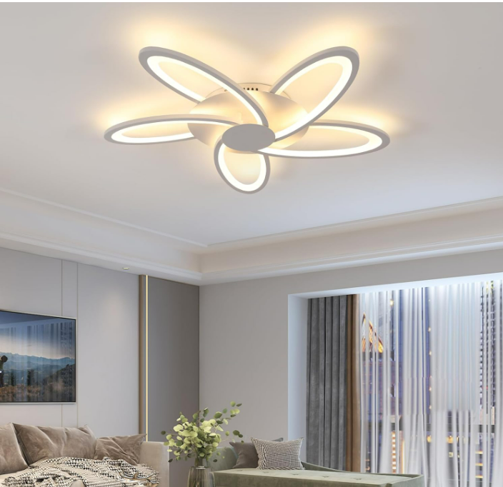 Plafonnier LED 70CM, 60W 6700LM Blanc Luminaire Plafonnier Salon avec 5 Lampes, Lumière Chaude 3000K Lampe de Plafond Moderne en Forme de Fleur pour Chambre à Coucher, Salle à Manger, Bureau [Classe énergétique E]