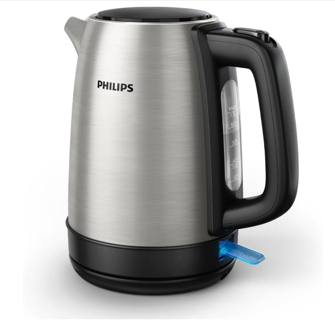 Philips Collection Daily Bouilloire Électrique en Inox - Capacité 1,7L, Résistance Plate pour Ébullition Rapide, Tamis Anti-Calcaire, Base 360° Sans Fil, Couvercle à Ressort (HD9350/90) [Classe énergétique A+++]