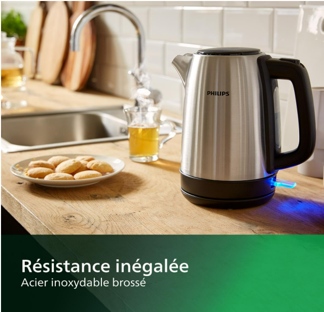 Philips Collection Daily Bouilloire Électrique en Inox - Capacité 1,7L, Résistance Plate pour Ébullition Rapide, Tamis Anti-Calcaire, Base 360° Sans Fil, Couvercle à Ressort (HD9350/90) [Classe énergétique A+++]