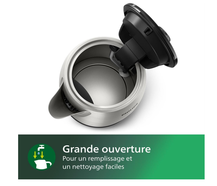 Philips Collection Daily Bouilloire Électrique en Inox - Capacité 1,7L, Résistance Plate pour Ébullition Rapide, Tamis Anti-Calcaire, Base 360° Sans Fil, Couvercle à Ressort (HD9350/90) [Classe énergétique A+++]