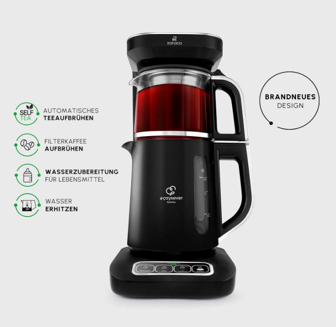 Bouilloire à thé et machine à café filtre automatique Karaca Caysever Robotea Pro 4 en 1 2500 W Chrome, théière, théière turque, thé traditionnel turc
