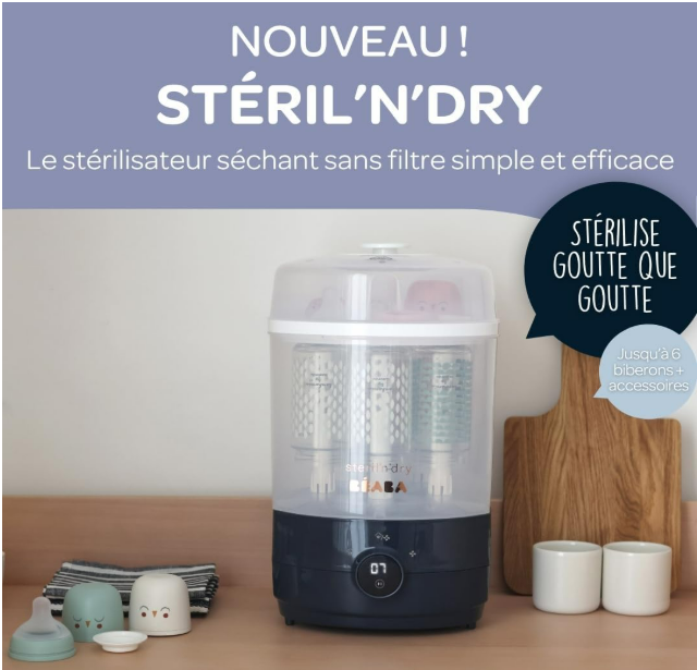 BÉABA, Stérilisateur Sèche Biberons et Accessoires 2 en 1, 2 Compartiments, 3 Modes, Elimine 99,9% des bactéries, Grande Capacité, Sans Filtre, Modulable, Simple et Rapide, Stéril'n'Dry, Night Blue