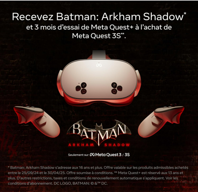 Meta Quest 3S 128 Go- 256Go – Batman: Arkham Shadow et Un essai de 3 Mois de Meta Quest+ Inclus – Casque Tout-en-Un et 2 Manettes Touch Plus
