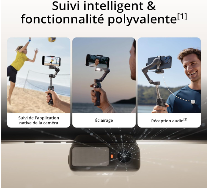 Stabilisateur Nacelle DJI Osmo Mobile 7P pour iPhone, Android, Suivi natif, Éclairage, Nacelle pour téléphone à 3 axes, Lancement rapide, Édition en un seul clic, Barre d’extension et trépied intégrés