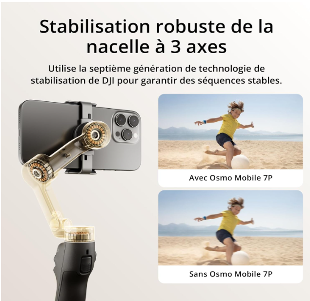 Stabilisateur Nacelle DJI Osmo Mobile 7P pour iPhone, Android, Suivi natif, Éclairage, Nacelle pour téléphone à 3 axes, Lancement rapide, Édition en un seul clic, Barre d’extension et trépied intégrés