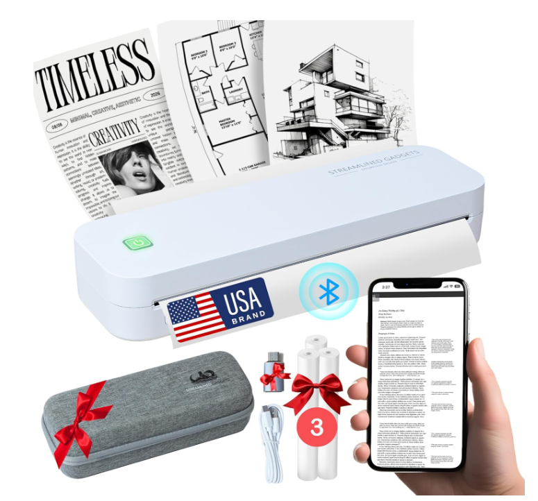Imprimante portable sans encre 2025, compatible avec iOS, Android, Mac et Windows, pour le bureau, la voiture et la maison, avec étui et kit de 3 rouleaux thermiques.